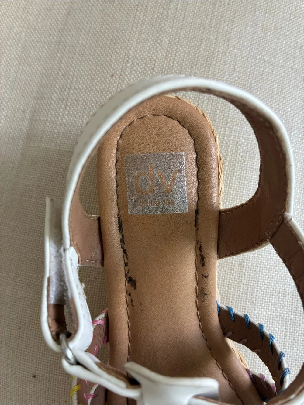 DV by Dolce Vita Girls White Leather Sandals with Multicolor Stitching